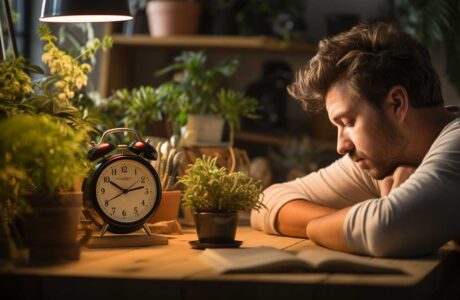 man napping at table with coffee