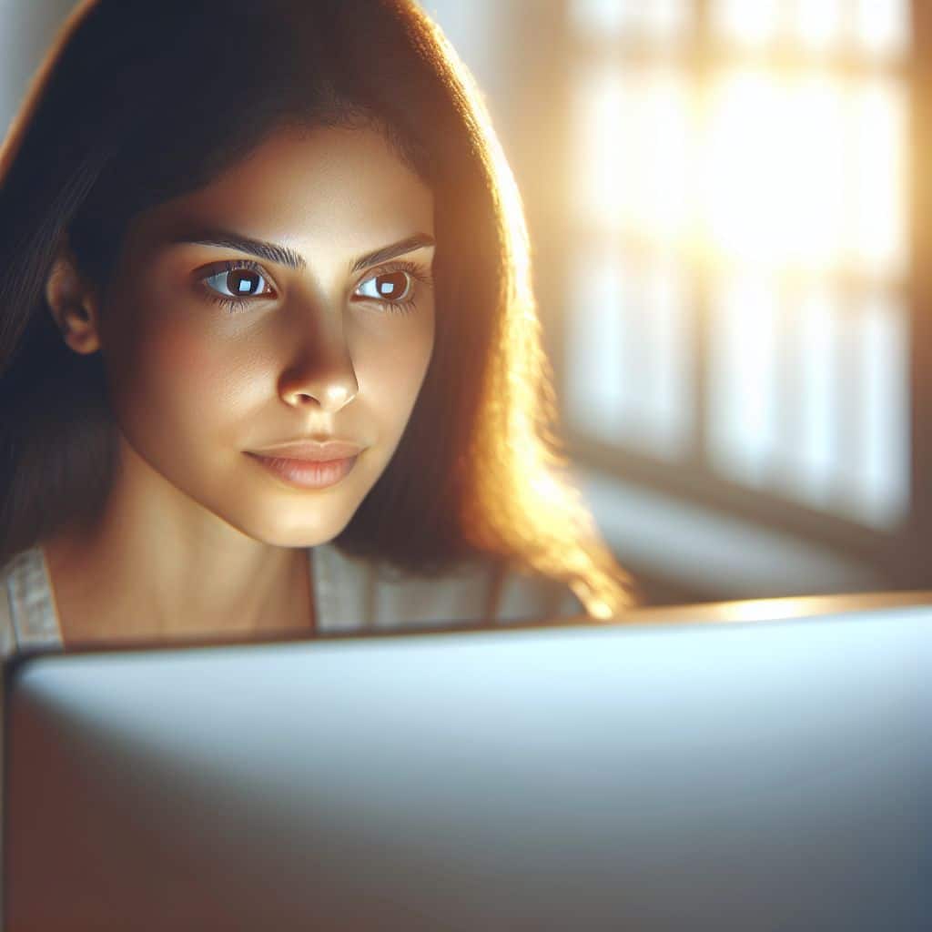 girl focusing on laptop with blue light