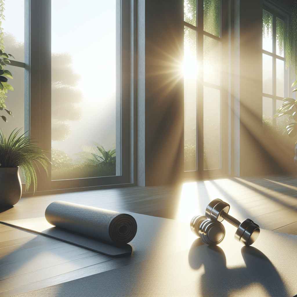 yoga mat and dumbbells in sunlight